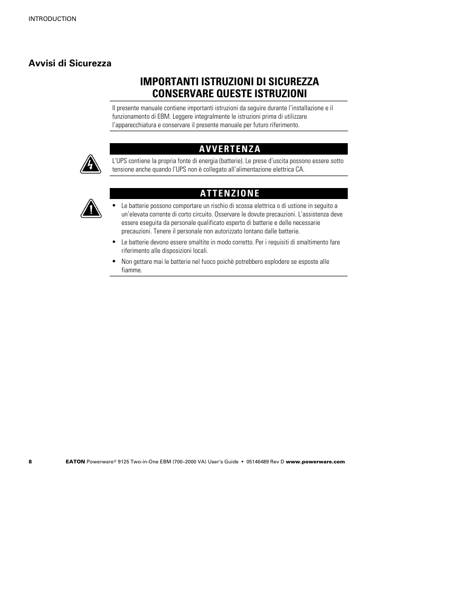 Avvisi di sicurezza | Powerware 9125 User Manual | Page 12 / 30