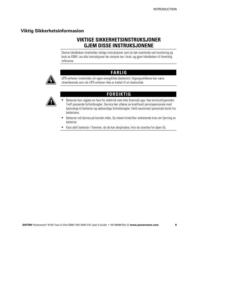 Viktig sikkerhetsinformasion | Powerware 9125 User Manual | Page 13 / 30