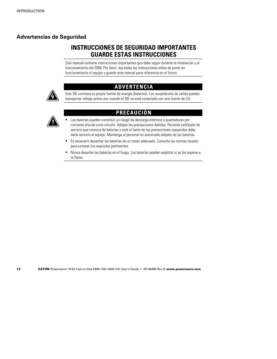 Advertencias de seguridad | Powerware 9125 User Manual | Page 16 / 30