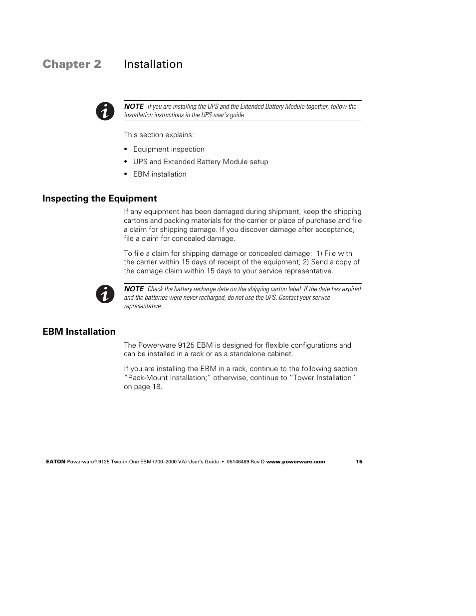 Chapter 2 installation, Inspecting the equipment, Ebm installation | Powerware 9125 User Manual | Page 19 / 30