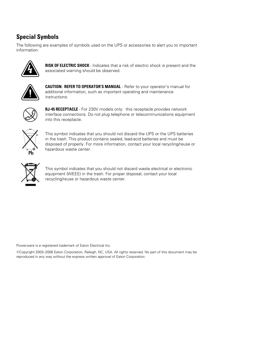 Special symbols | Powerware 9125 User Manual | Page 2 / 30