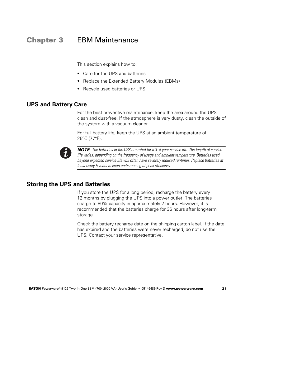 Chapter 3 ebm maintenance, Ups and battery care, Storing the ups and batteries | Powerware 9125 User Manual | Page 25 / 30