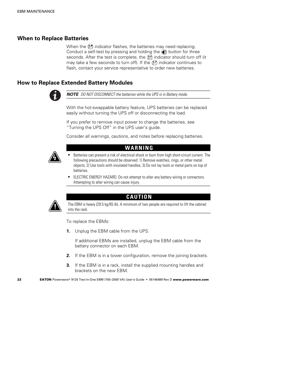 When to replace batteries, How to replace extended battery modules | Powerware 9125 User Manual | Page 26 / 30