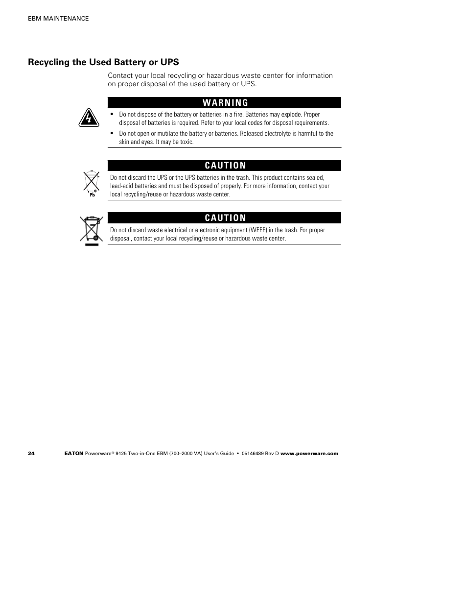 Recycling the used battery or ups | Powerware 9125 User Manual | Page 28 / 30