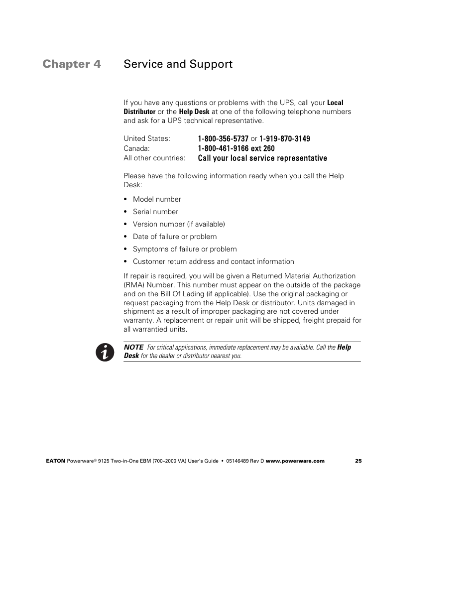Chapter 4 service and support | Powerware 9125 User Manual | Page 29 / 30