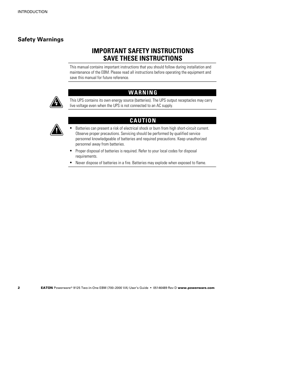 Safety warnings | Powerware 9125 User Manual | Page 6 / 30