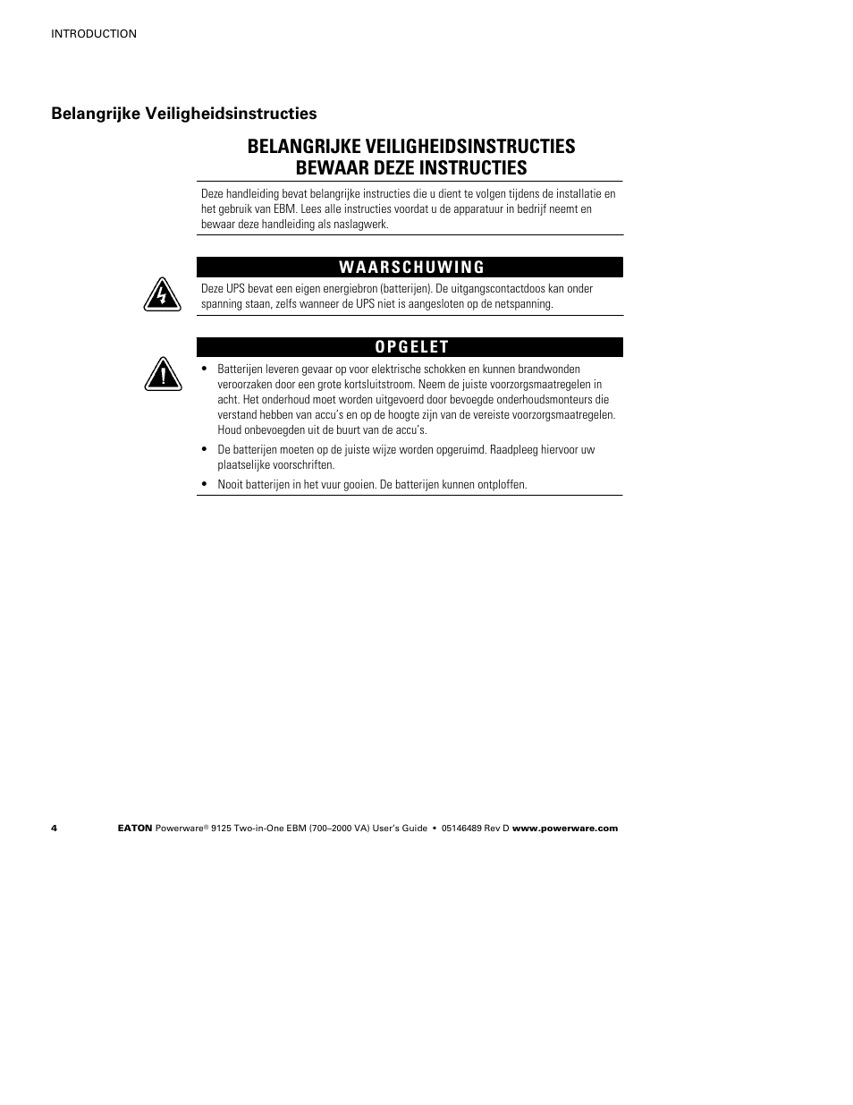 Belangrijke veiligheidsinstructies | Powerware 9125 User Manual | Page 8 / 30