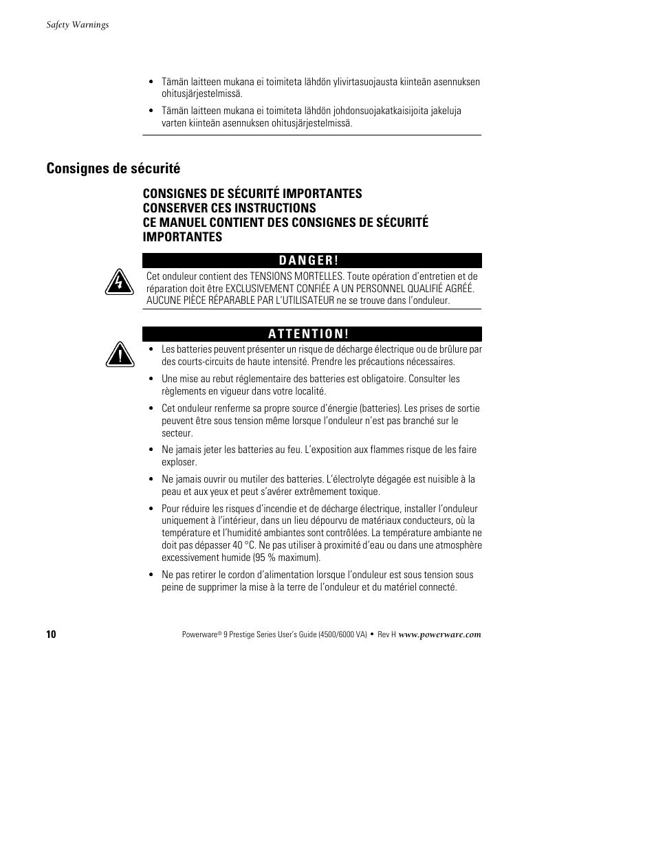 Consignes de sécurité | Powerware 6000 User Manual | Page 18 / 92
