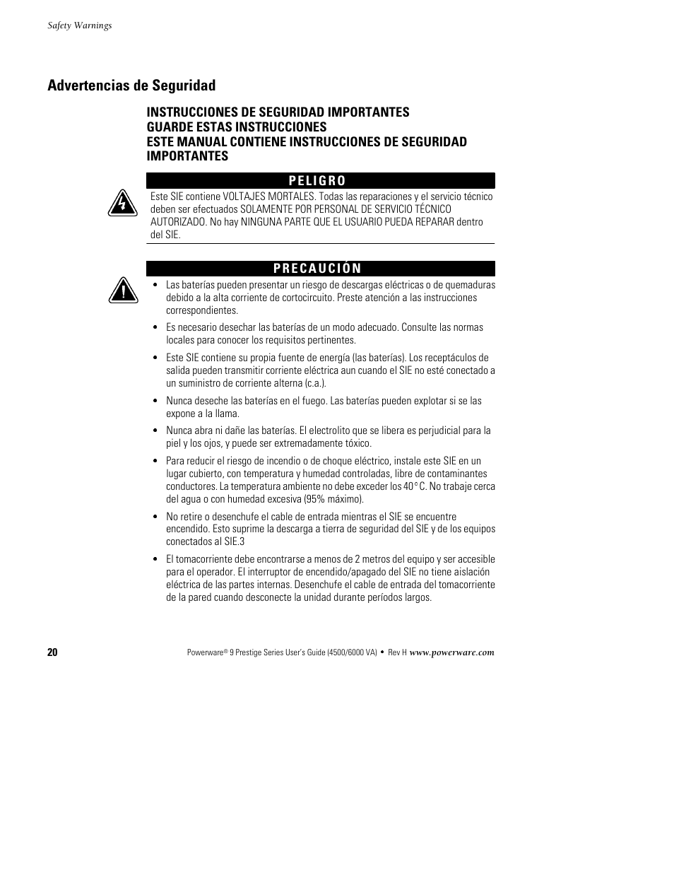 Advertencias de seguridad | Powerware 6000 User Manual | Page 28 / 92