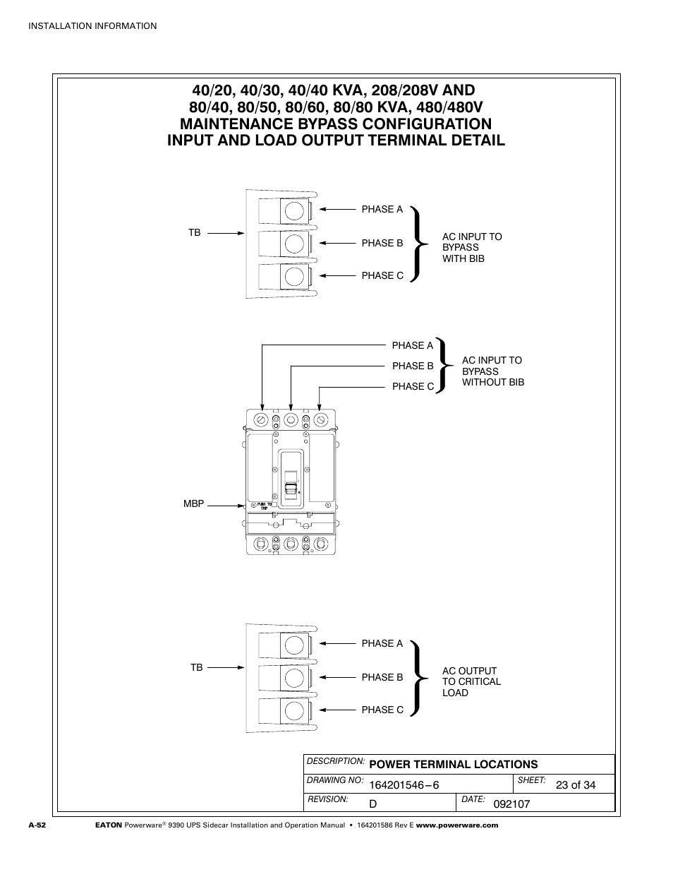 Powerware UPS Sidecar Powerware 9390 User Manual | Page 102 / 124