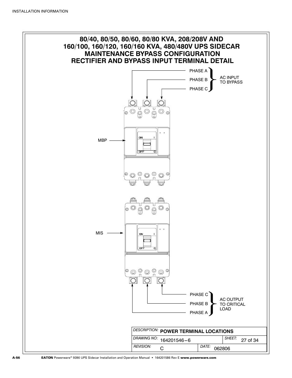 Powerware UPS Sidecar Powerware 9390 User Manual | Page 106 / 124