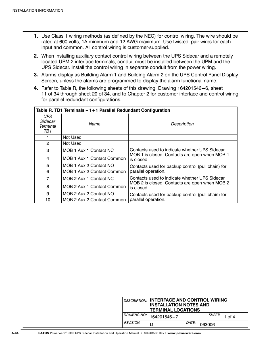 Powerware UPS Sidecar Powerware 9390 User Manual | Page 114 / 124