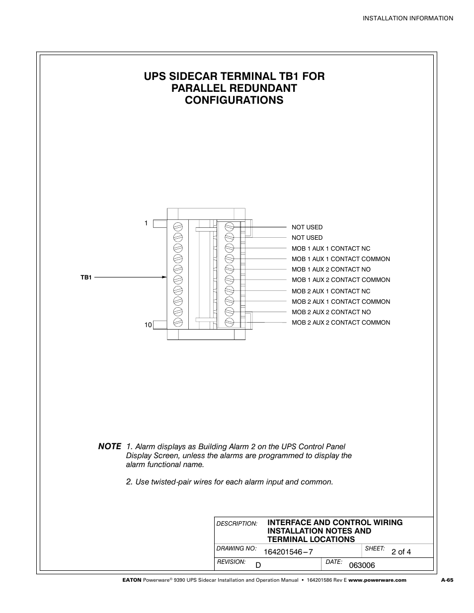 Powerware UPS Sidecar Powerware 9390 User Manual | Page 115 / 124