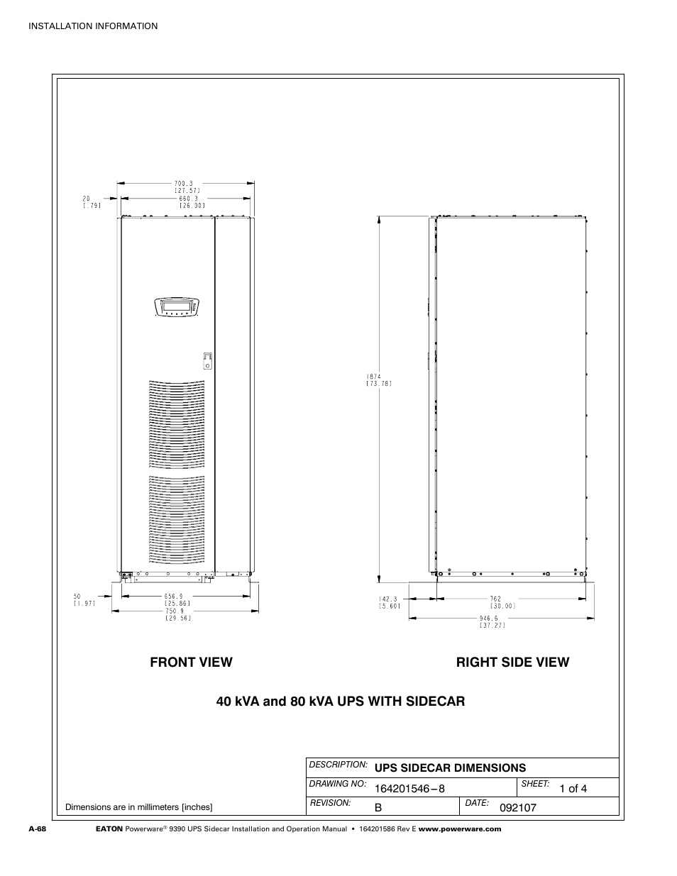 Front view right side view, 40 kva and 80 kva ups with sidecar | Powerware UPS Sidecar Powerware 9390 User Manual | Page 118 / 124