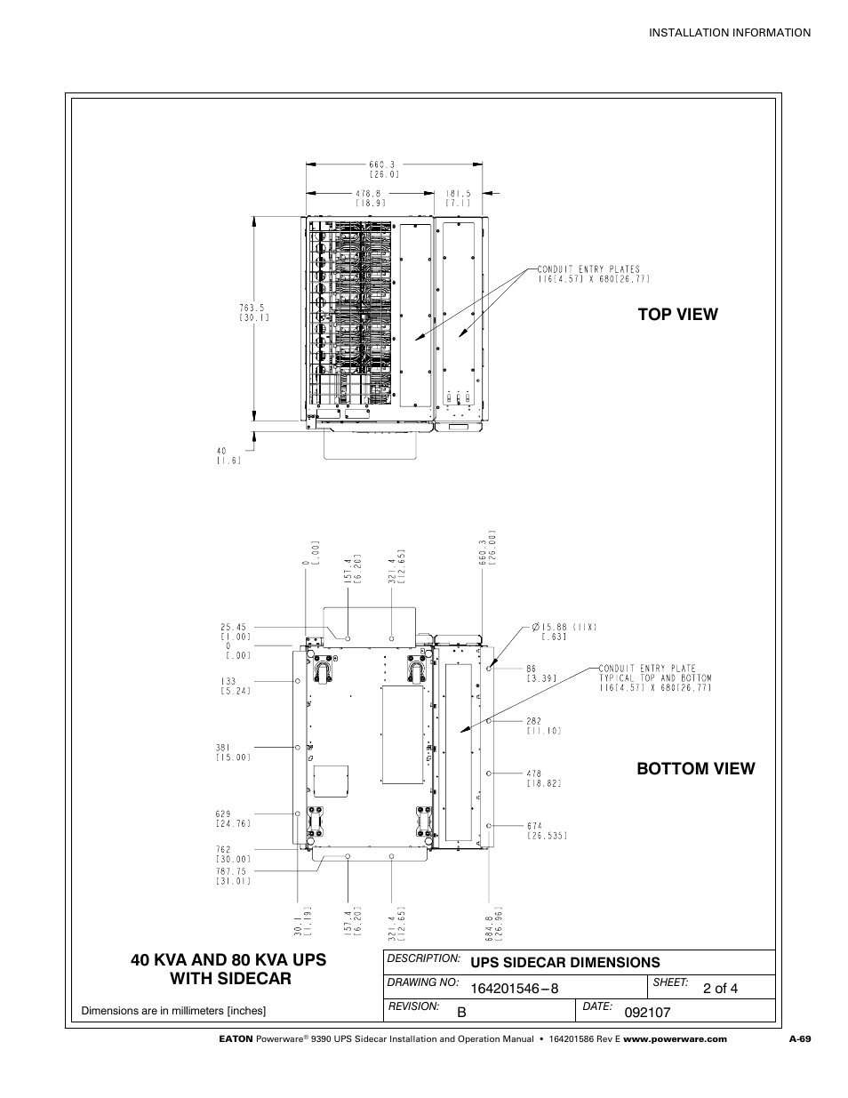 Top view, Bottom view 40 kva and 80 kva ups with sidecar | Powerware UPS Sidecar Powerware 9390 User Manual | Page 119 / 124