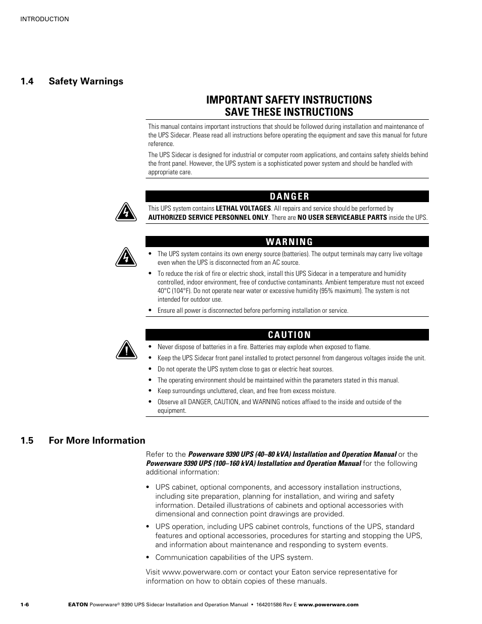 4 safety warnings, 5 for more information | Powerware UPS Sidecar Powerware 9390 User Manual | Page 12 / 124