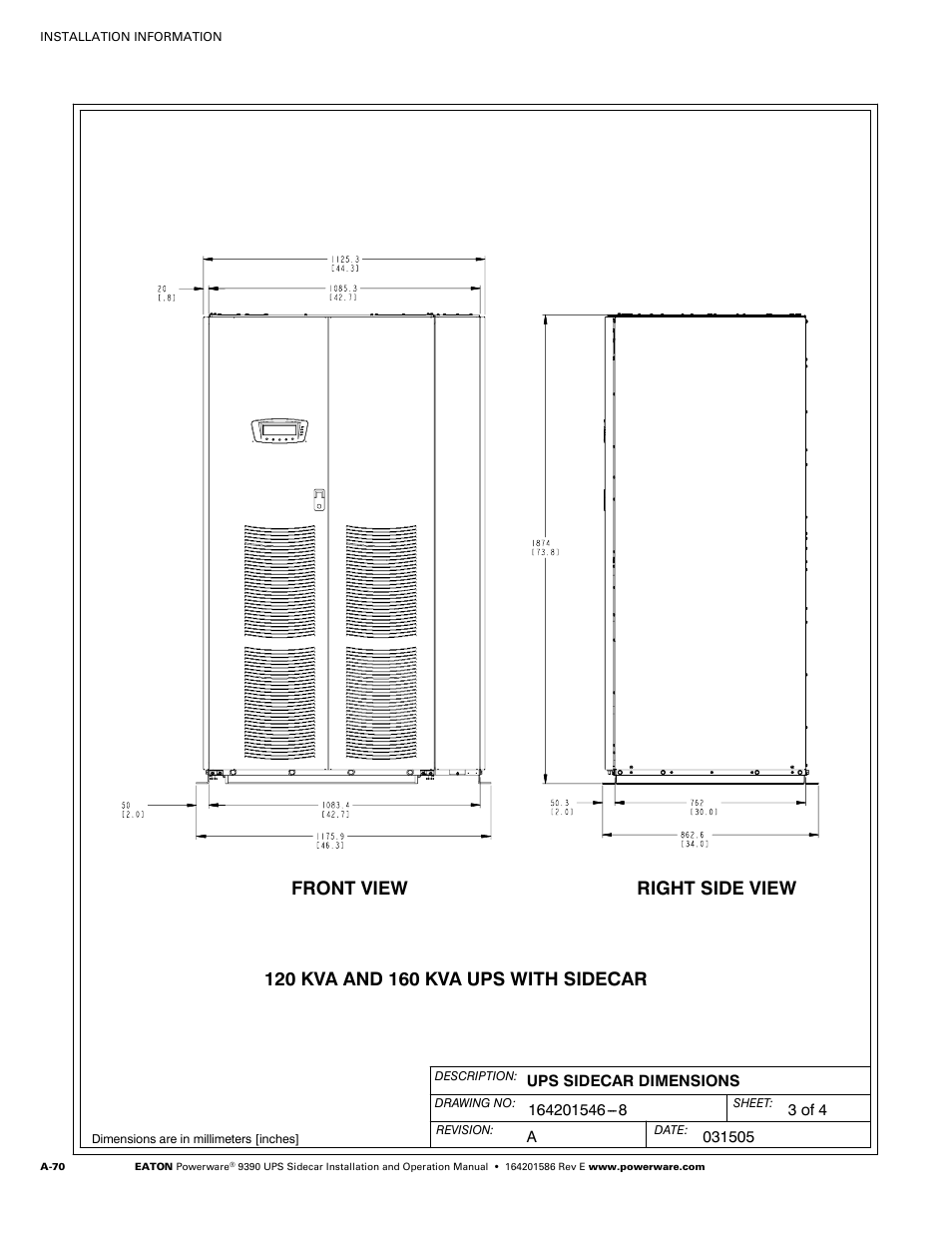 Front view right side view | Powerware UPS Sidecar Powerware 9390 User Manual | Page 120 / 124