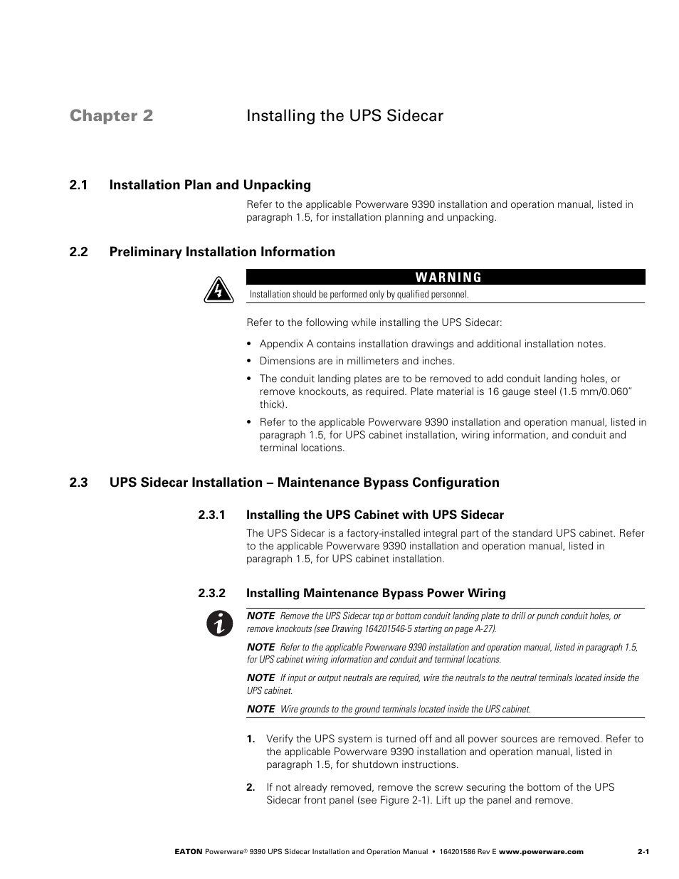 Chapter 2 installing the ups sidecar, 1 installation plan and unpacking, 2 preliminary installation information | Powerware UPS Sidecar Powerware 9390 User Manual | Page 17 / 124