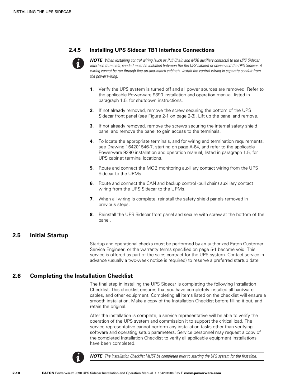 5 initial startup, 6 completing the installation checklist | Powerware UPS Sidecar Powerware 9390 User Manual | Page 26 / 124