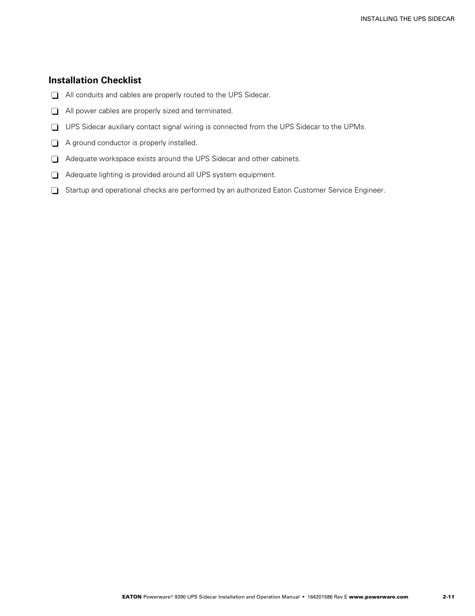 Installation checklist | Powerware UPS Sidecar Powerware 9390 User Manual | Page 27 / 124