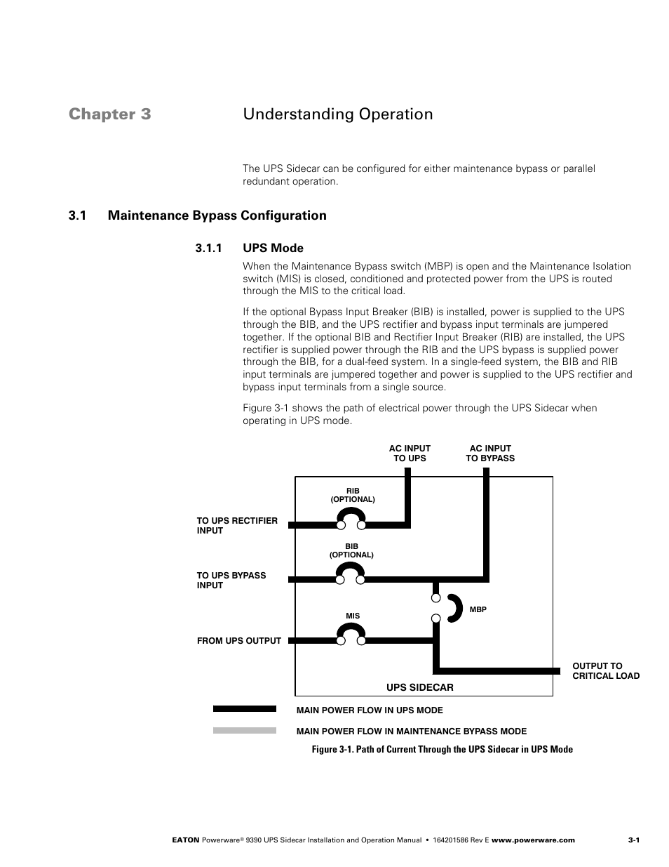 Chapter 3 understanding operation, 1 maintenance bypass configuration, 1 ups mode | Powerware UPS Sidecar Powerware 9390 User Manual | Page 31 / 124