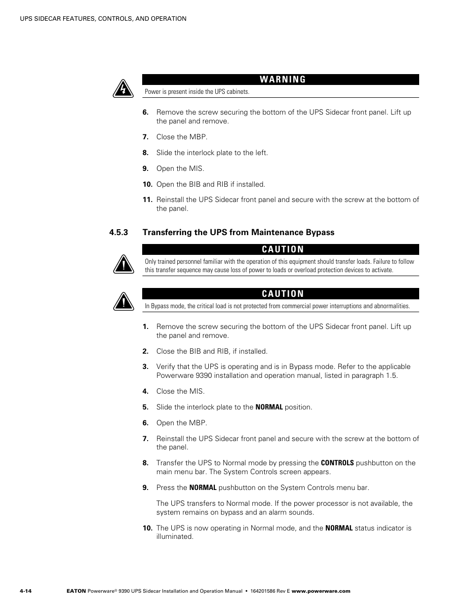 Powerware UPS Sidecar Powerware 9390 User Manual | Page 46 / 124