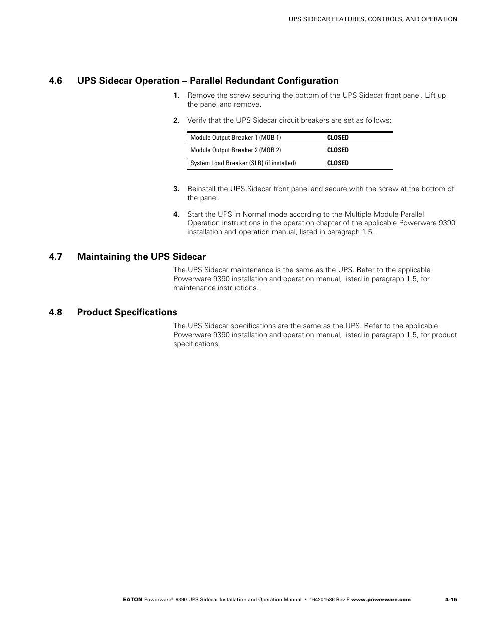 7 maintaining the ups sidecar, 8 product specifications | Powerware UPS Sidecar Powerware 9390 User Manual | Page 47 / 124