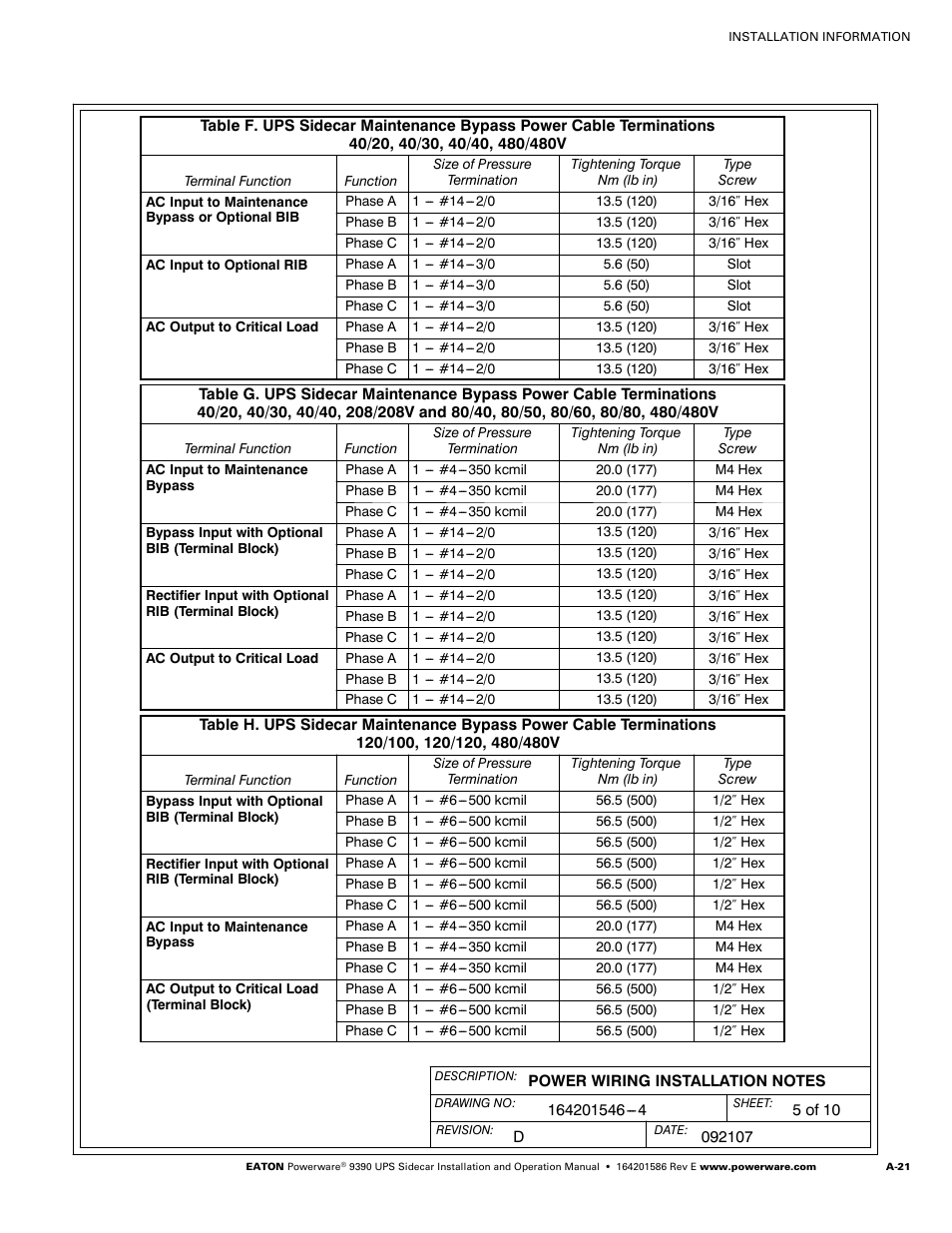 Powerware UPS Sidecar Powerware 9390 User Manual | Page 71 / 124