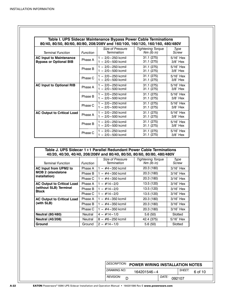 Powerware UPS Sidecar Powerware 9390 User Manual | Page 72 / 124