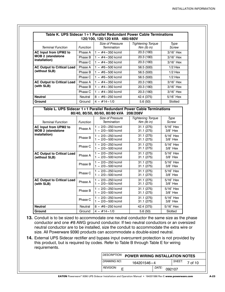 Powerware UPS Sidecar Powerware 9390 User Manual | Page 73 / 124