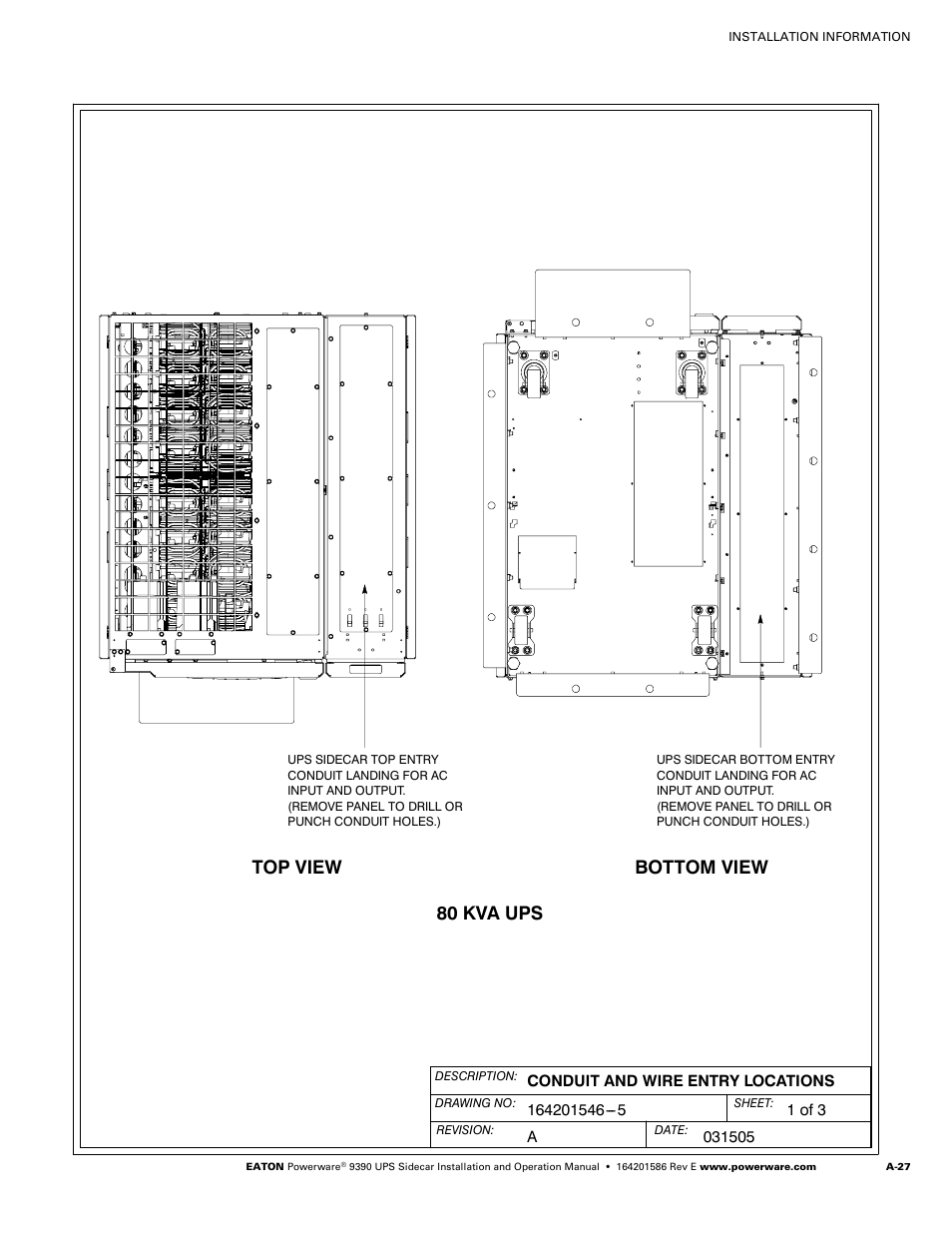 Top view bottom view, 80 kva ups | Powerware UPS Sidecar Powerware 9390 User Manual | Page 77 / 124