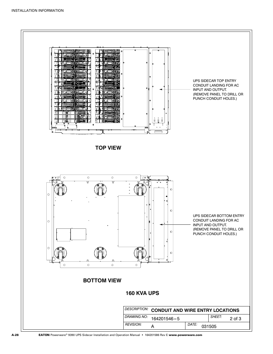 Top view bottom view, 160 kva ups | Powerware UPS Sidecar Powerware 9390 User Manual | Page 78 / 124