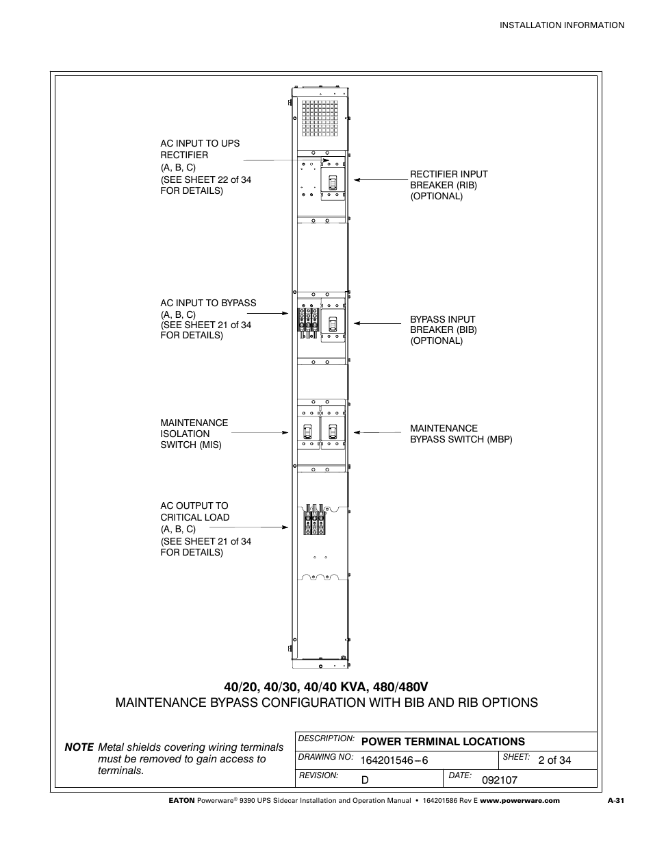 Powerware UPS Sidecar Powerware 9390 User Manual | Page 81 / 124