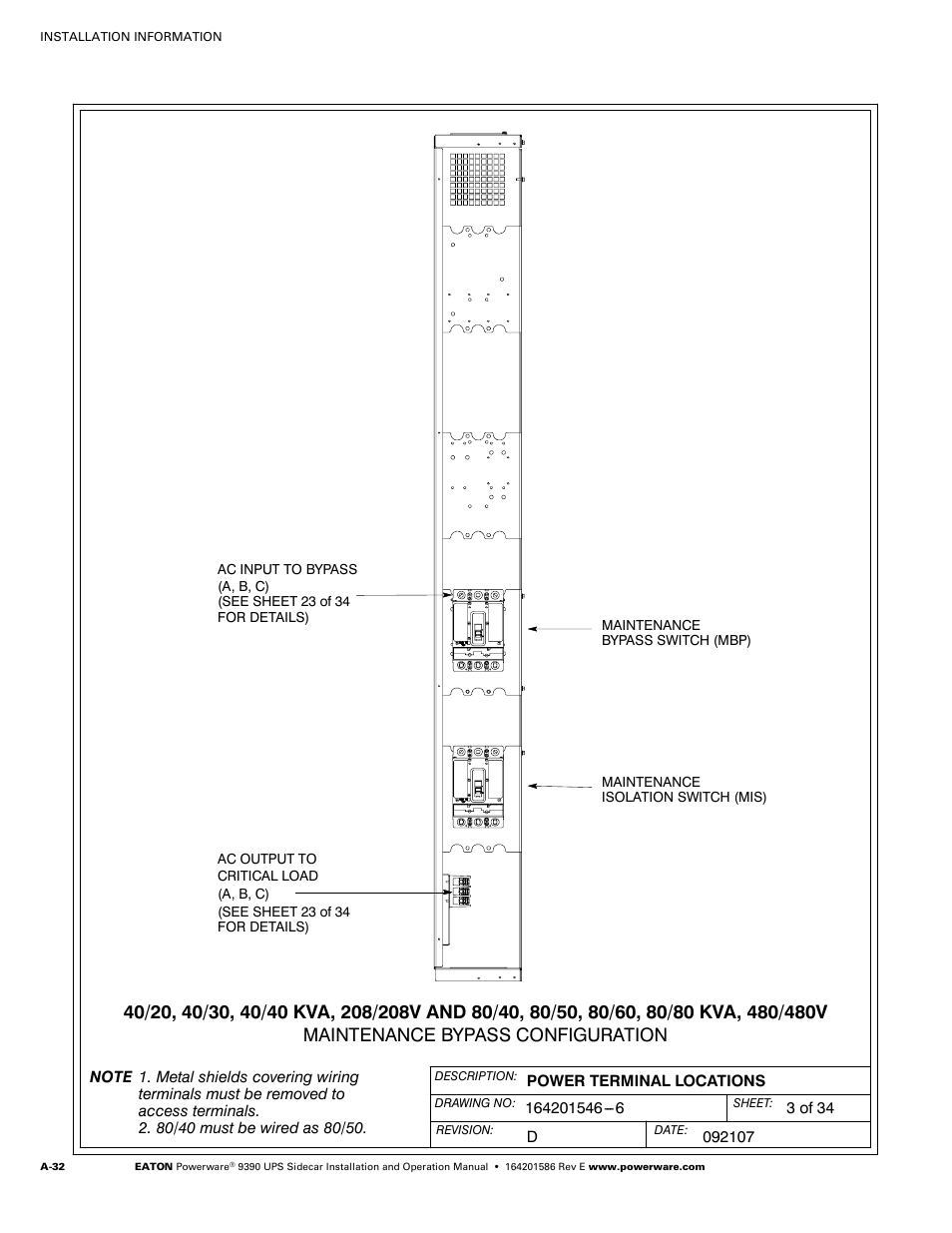 Powerware UPS Sidecar Powerware 9390 User Manual | Page 82 / 124