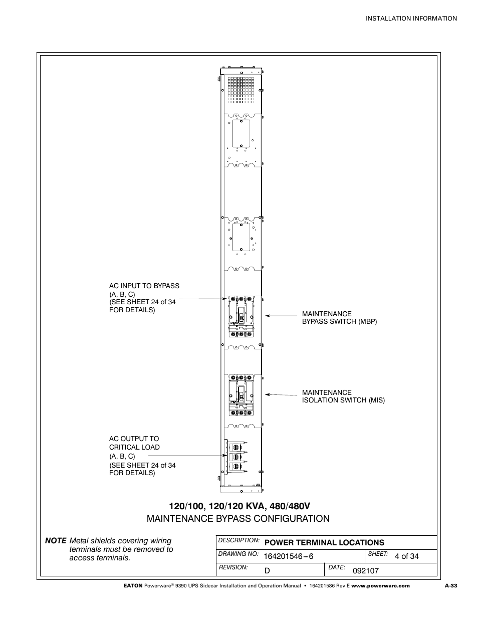 Powerware UPS Sidecar Powerware 9390 User Manual | Page 83 / 124