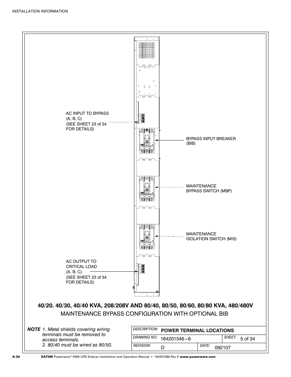 Powerware UPS Sidecar Powerware 9390 User Manual | Page 84 / 124