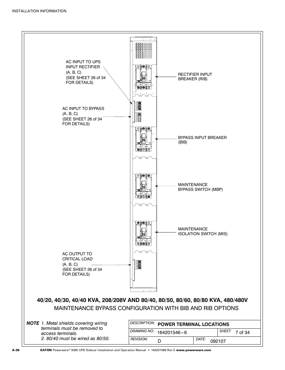 Powerware UPS Sidecar Powerware 9390 User Manual | Page 86 / 124