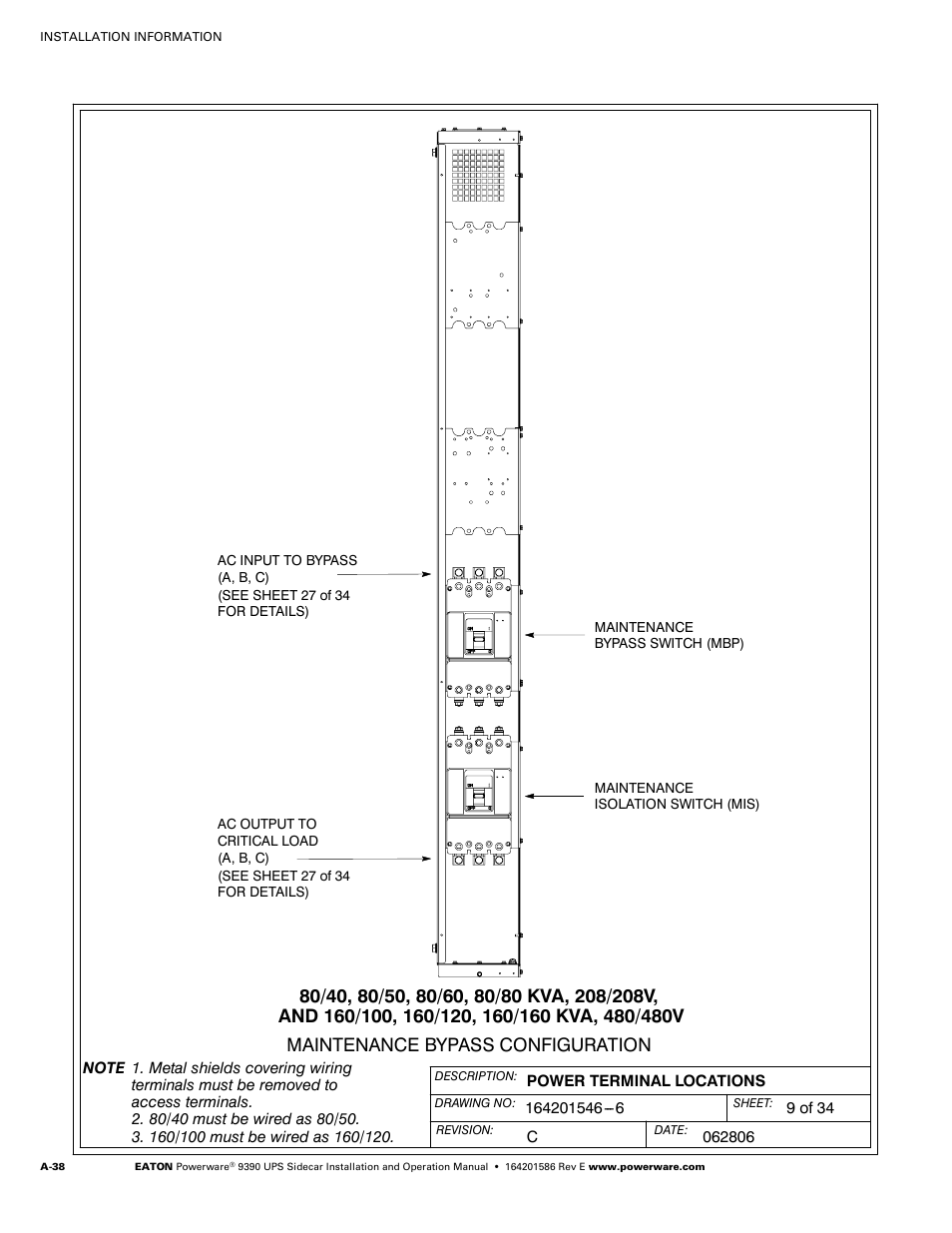 Maintenance bypass configuration | Powerware UPS Sidecar Powerware 9390 User Manual | Page 88 / 124