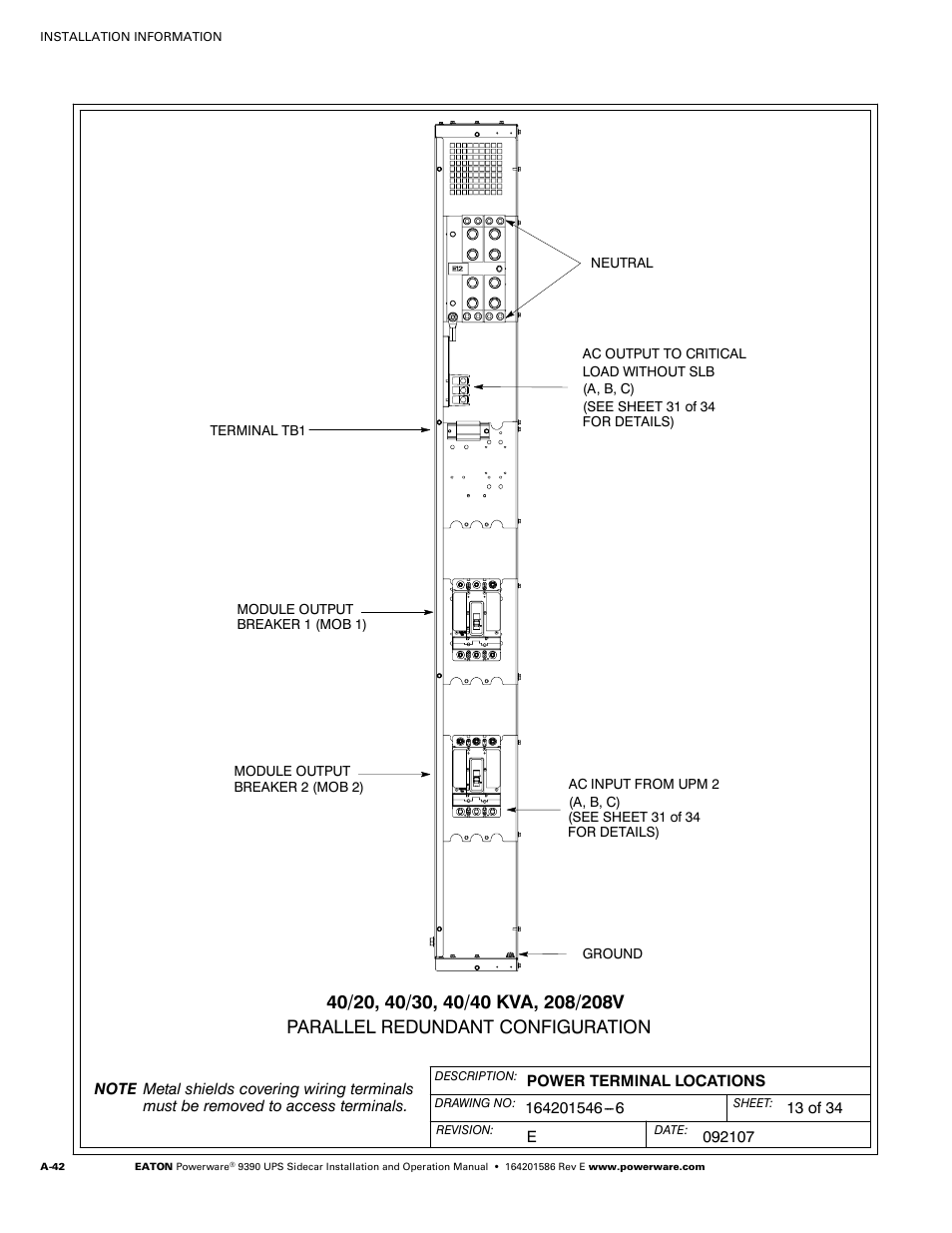 Powerware UPS Sidecar Powerware 9390 User Manual | Page 92 / 124