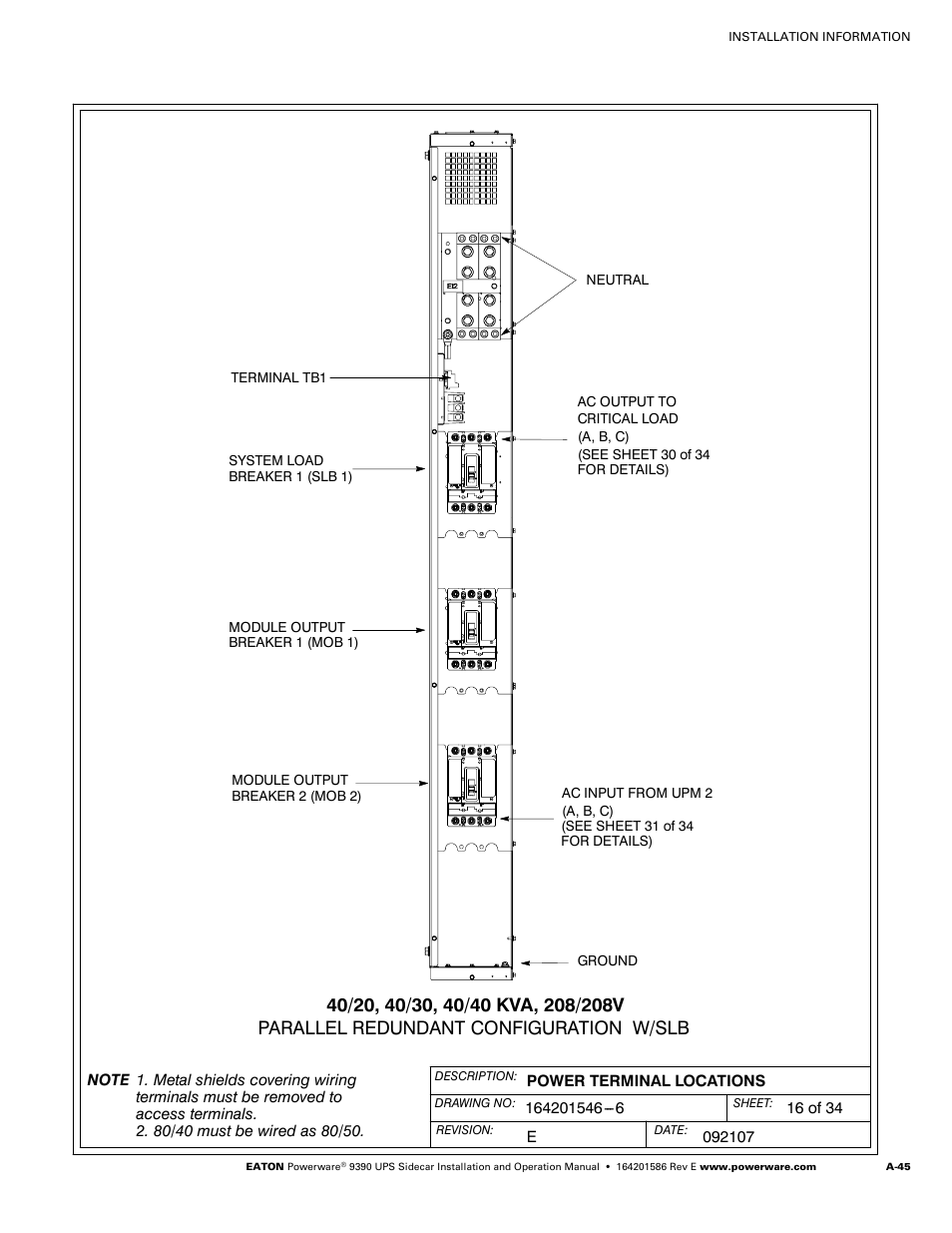 Powerware UPS Sidecar Powerware 9390 User Manual | Page 95 / 124