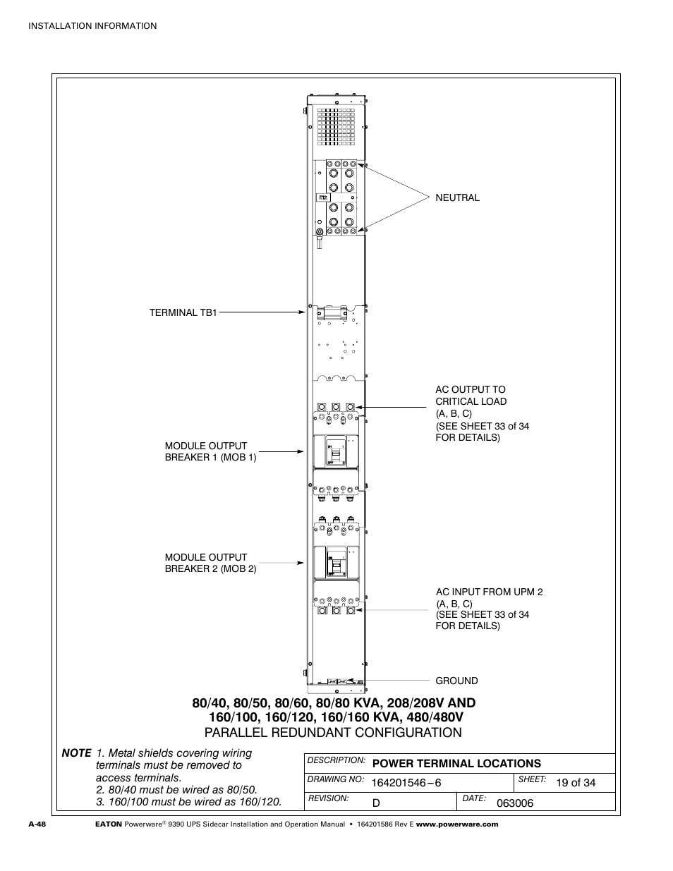 Powerware UPS Sidecar Powerware 9390 User Manual | Page 98 / 124