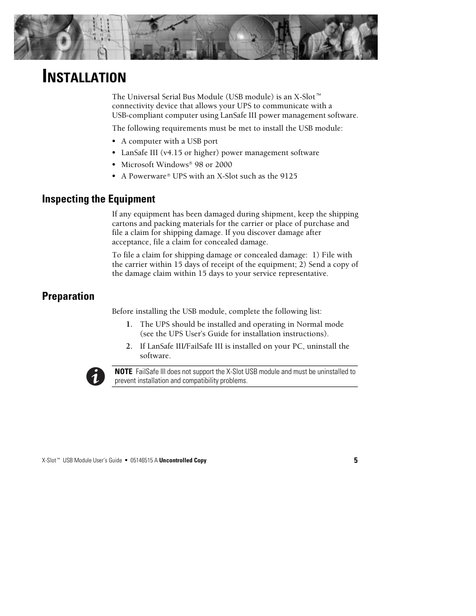 Nstallation, Inspecting the equipment, Preparation | Powerware X-Slot USB Module User Manual | Page 5 / 10
