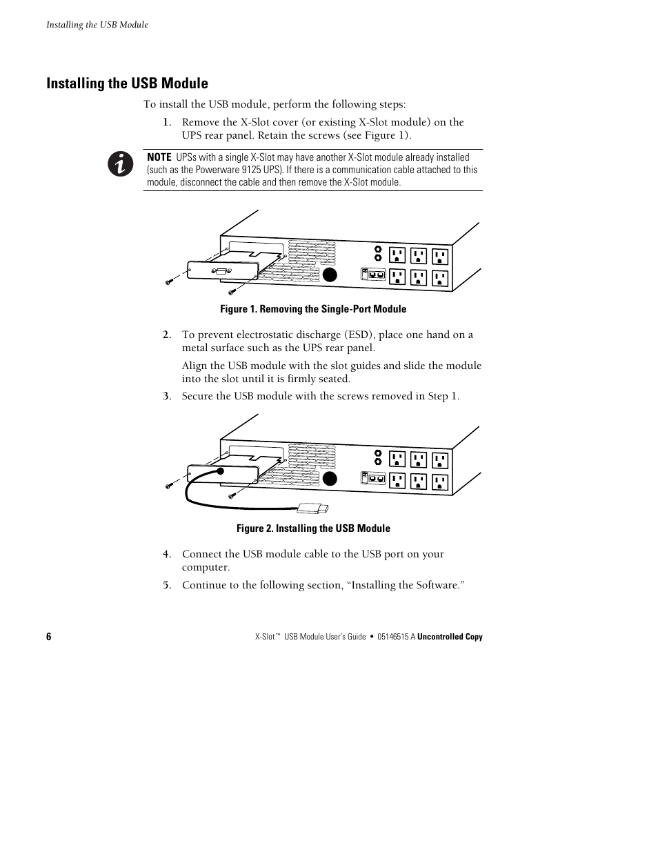 Installing the usb module | Powerware X-Slot USB Module User Manual | Page 6 / 10