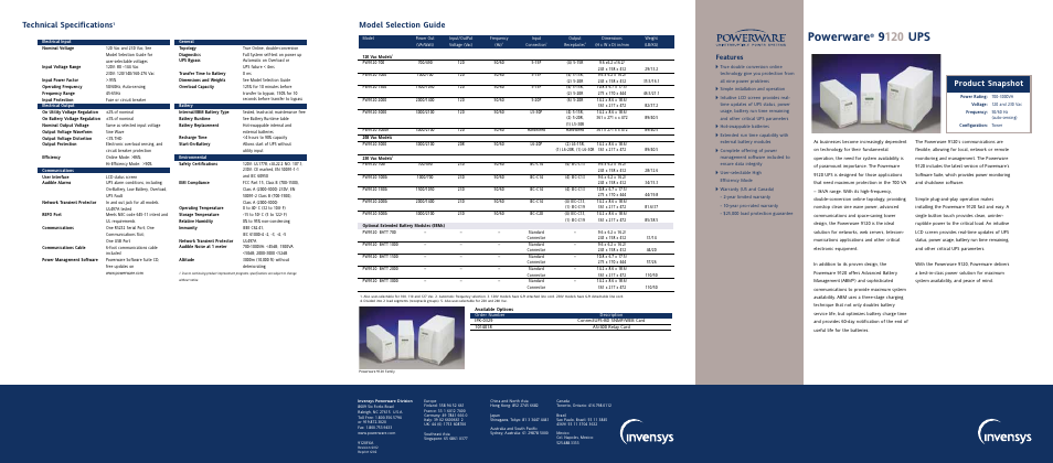 Powerware, 9120 ups, Technical specifications | Model selection guide, Product snapshot, Features | Powerware 9120 User Manual | Page 4 / 5