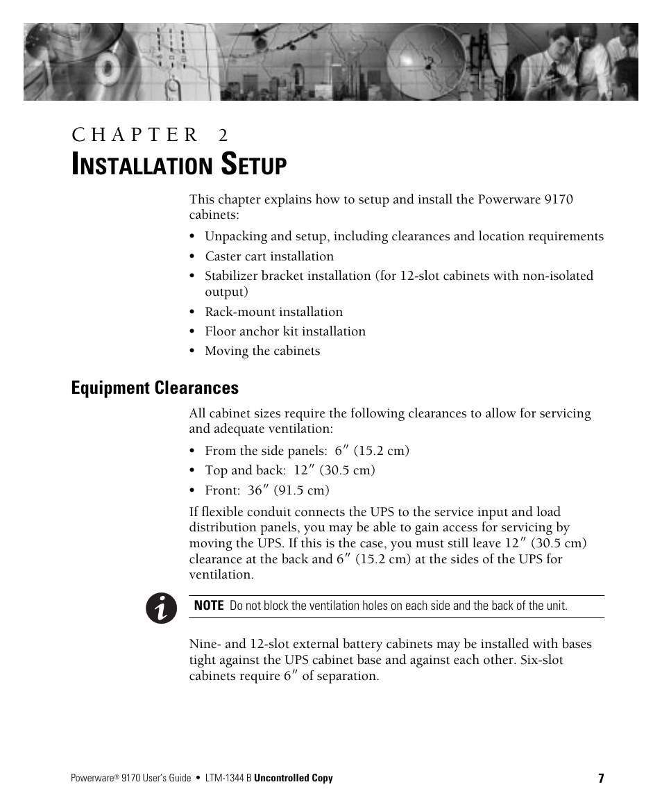 Nstallation, Etup, Equipment clearances | Powerware 9170+ User Manual | Page 11 / 94