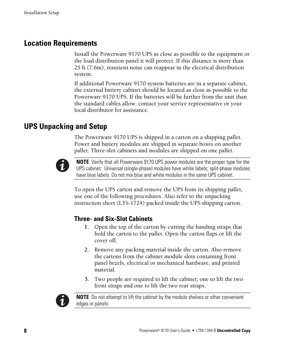 Location requirements, Ups unpacking and setup | Powerware 9170+ User Manual | Page 12 / 94
