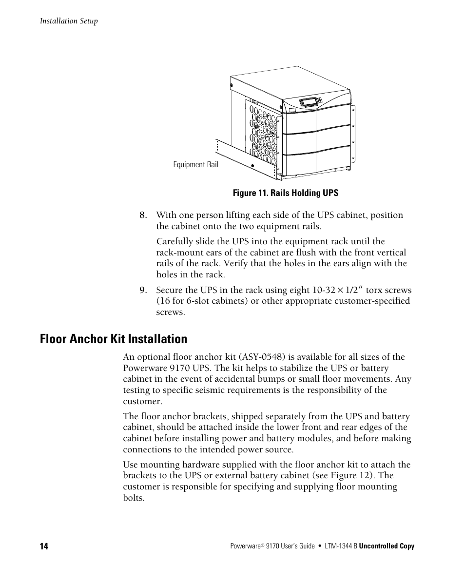 Floor anchor kit installation | Powerware 9170+ User Manual | Page 18 / 94