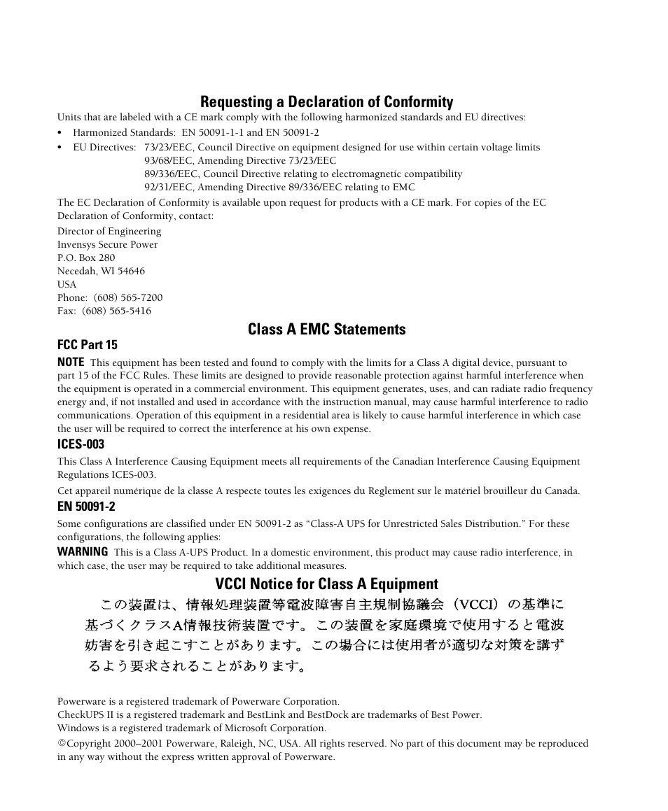 Requesting a declaration of conformity, Class a emc statements, Vcci notice for class a equipment | Powerware 9170+ User Manual | Page 2 / 94