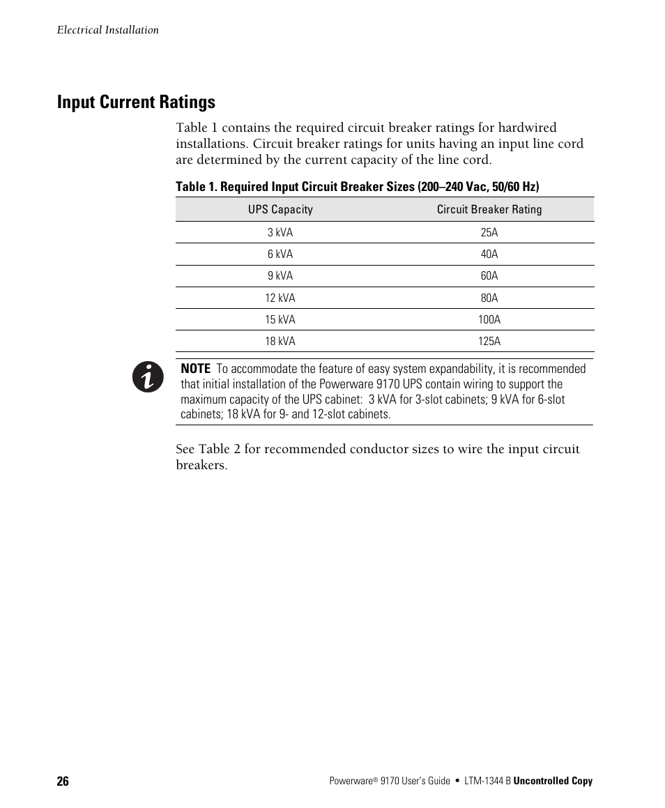 Input current ratings | Powerware 9170+ User Manual | Page 30 / 94