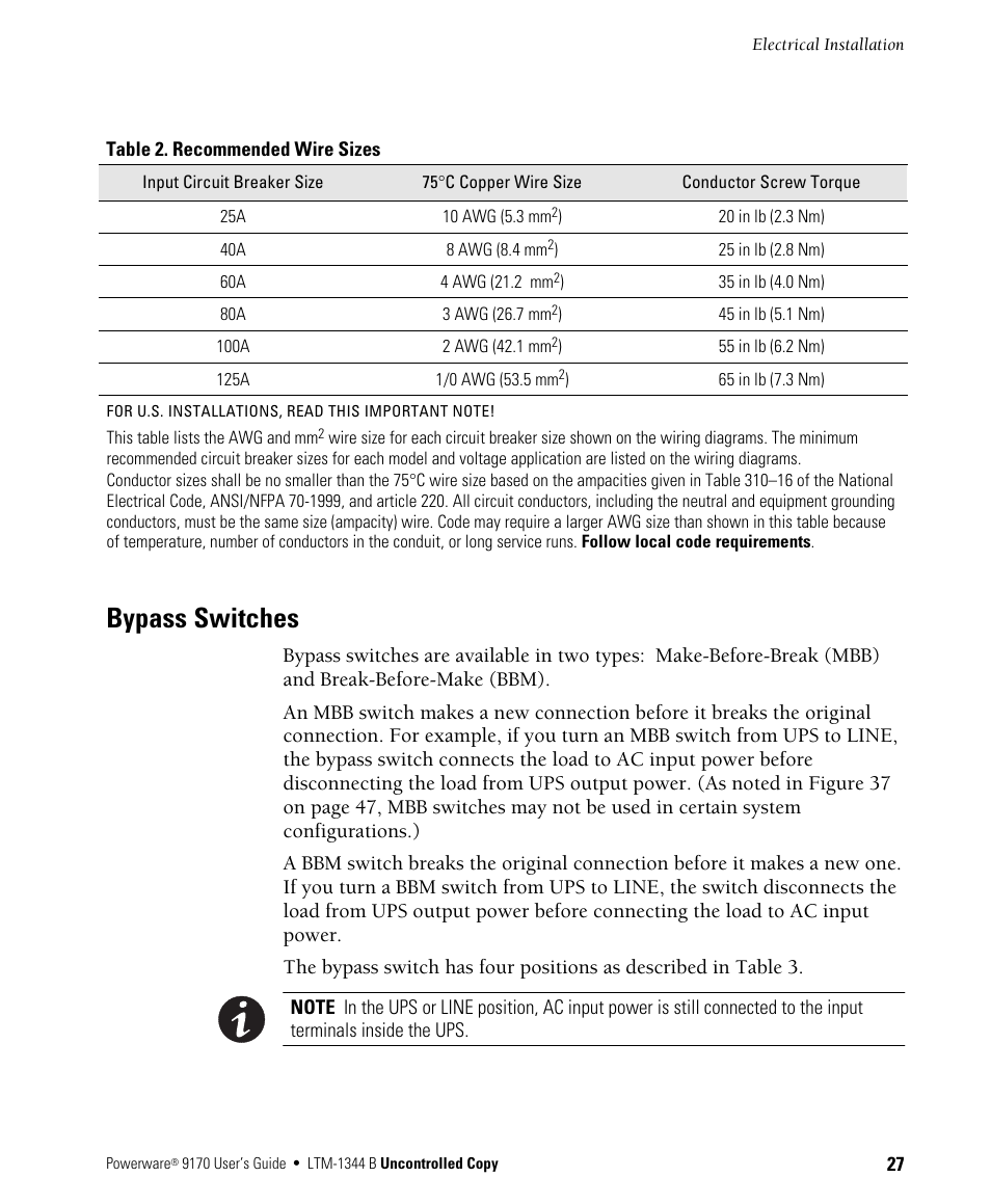 Bypass switches | Powerware 9170+ User Manual | Page 31 / 94